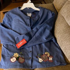 Bon Worth denim blue sweatshirt, size Large Petite, Button down with embroidery